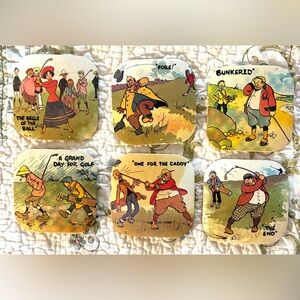 Set of Golfing Coasters by Artist Tom Browne (Edwardian Golfing Scenes) Vintage